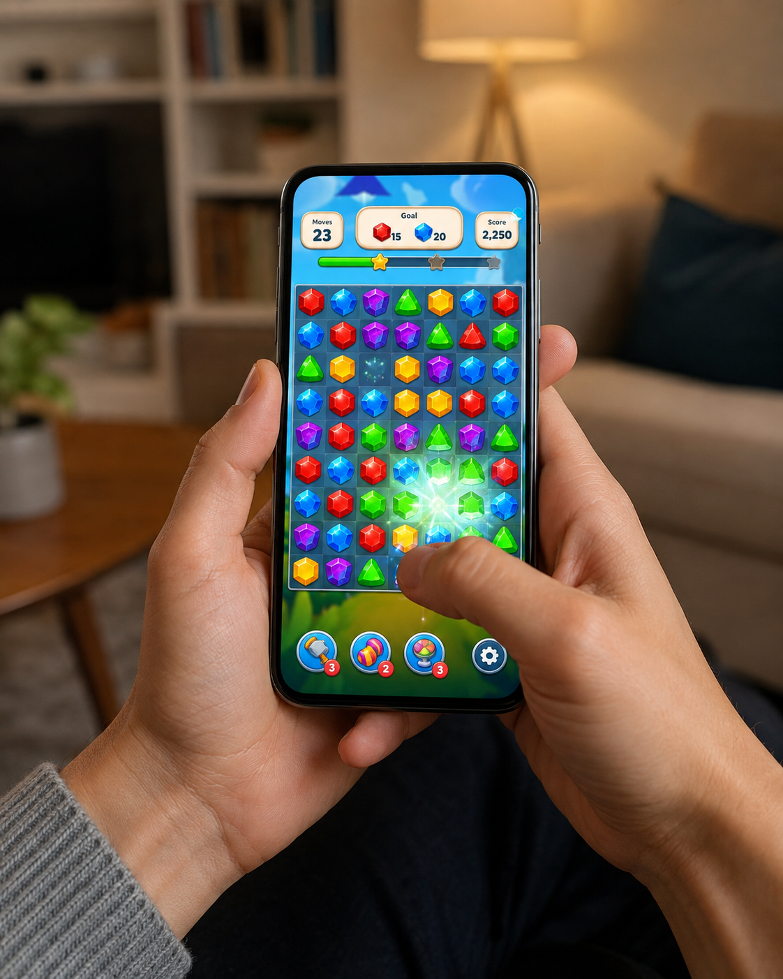 Modern smartphone displaying a fictional casual game as part of an Australian gaming technology display beside retro equipment